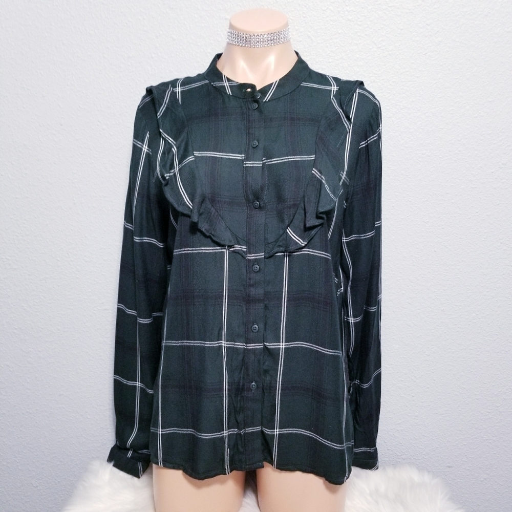 Sanctuary womens green ruffle print shirt top blouse MEDIUM